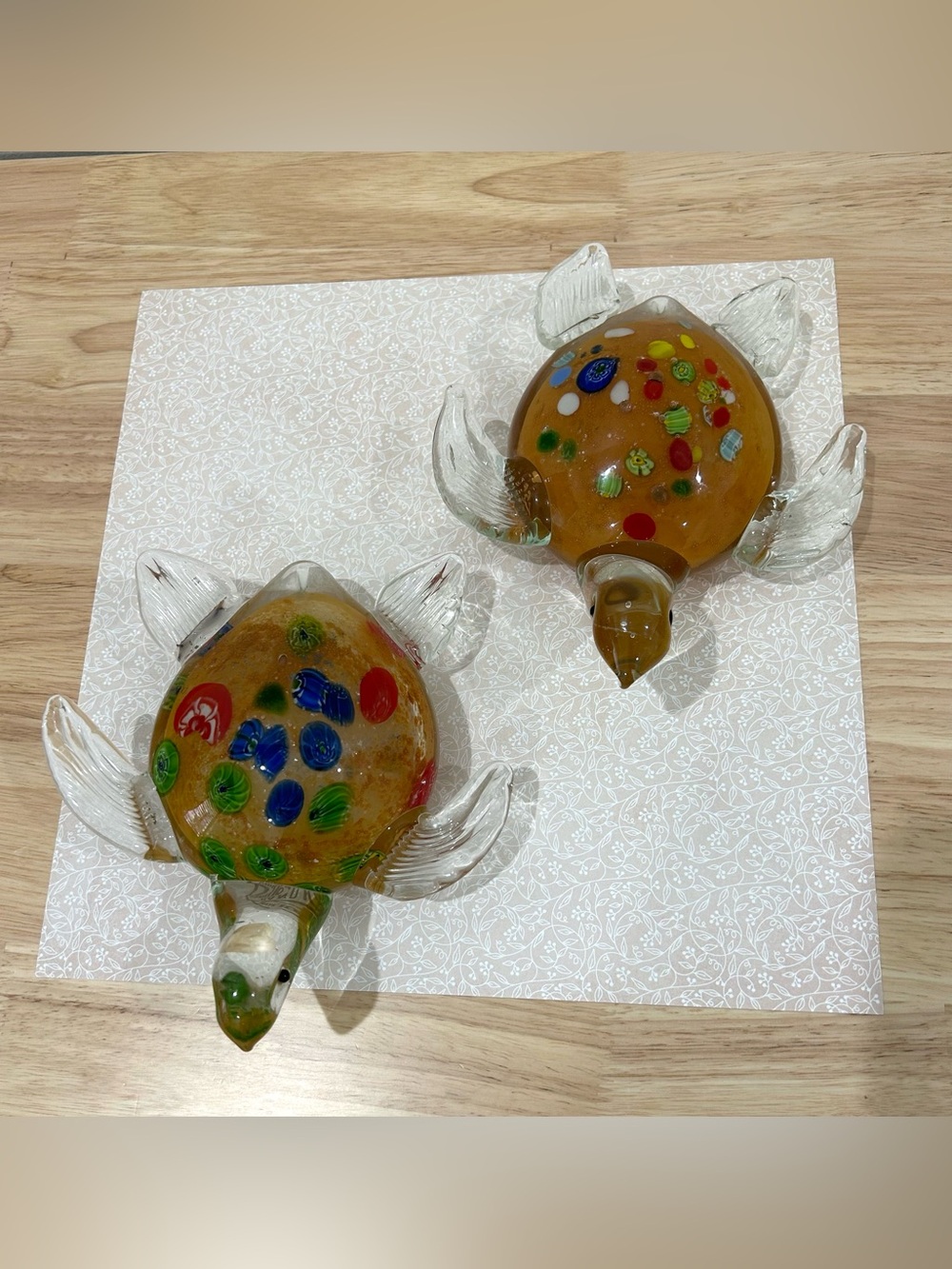 Set of 2 Handmade Art Glass Turtle Figurines Millefiori Amber Multicolor